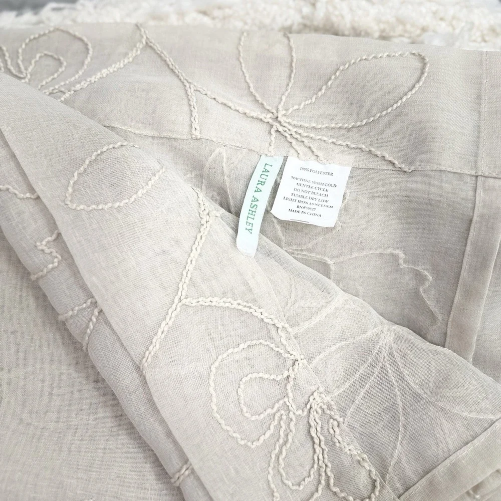Laura Ashley Sheer Embroidered Floral Vines FROSTING Curtain 2 Panel TAUPE 52x84